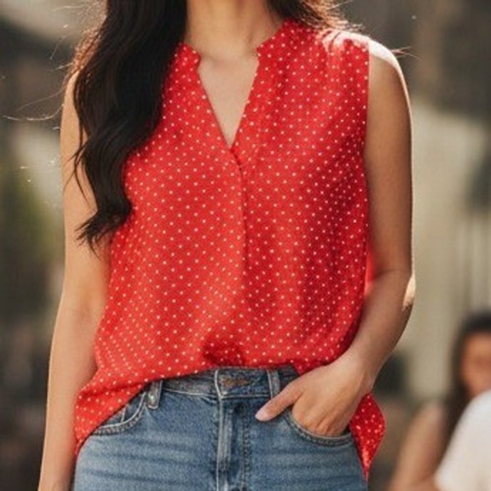 Chaus Polka Dot Sleeveless Blouse Red White High Low V-Neck Top XL